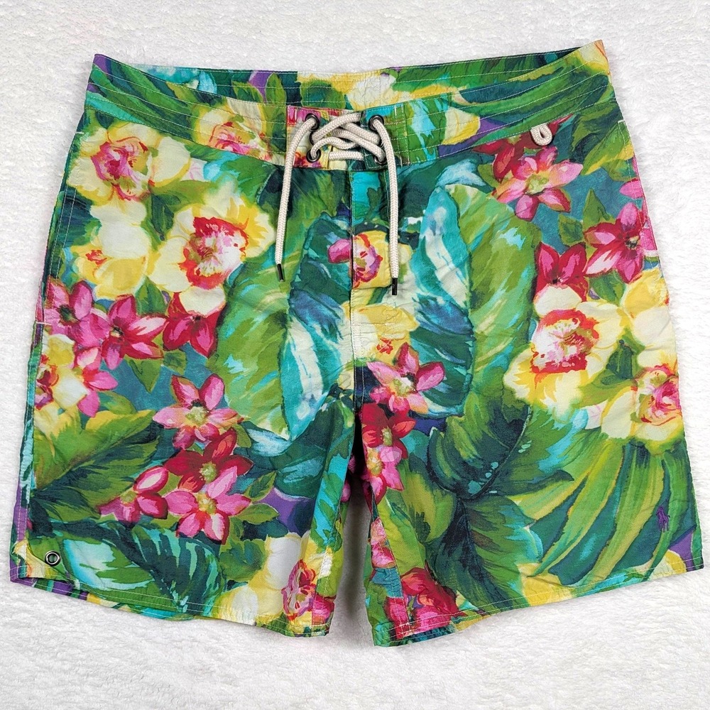 Polo Ralph Lauren Swim Shorts Mens 34 Green Hawaiian Floral‎ Board Trunks Pony
